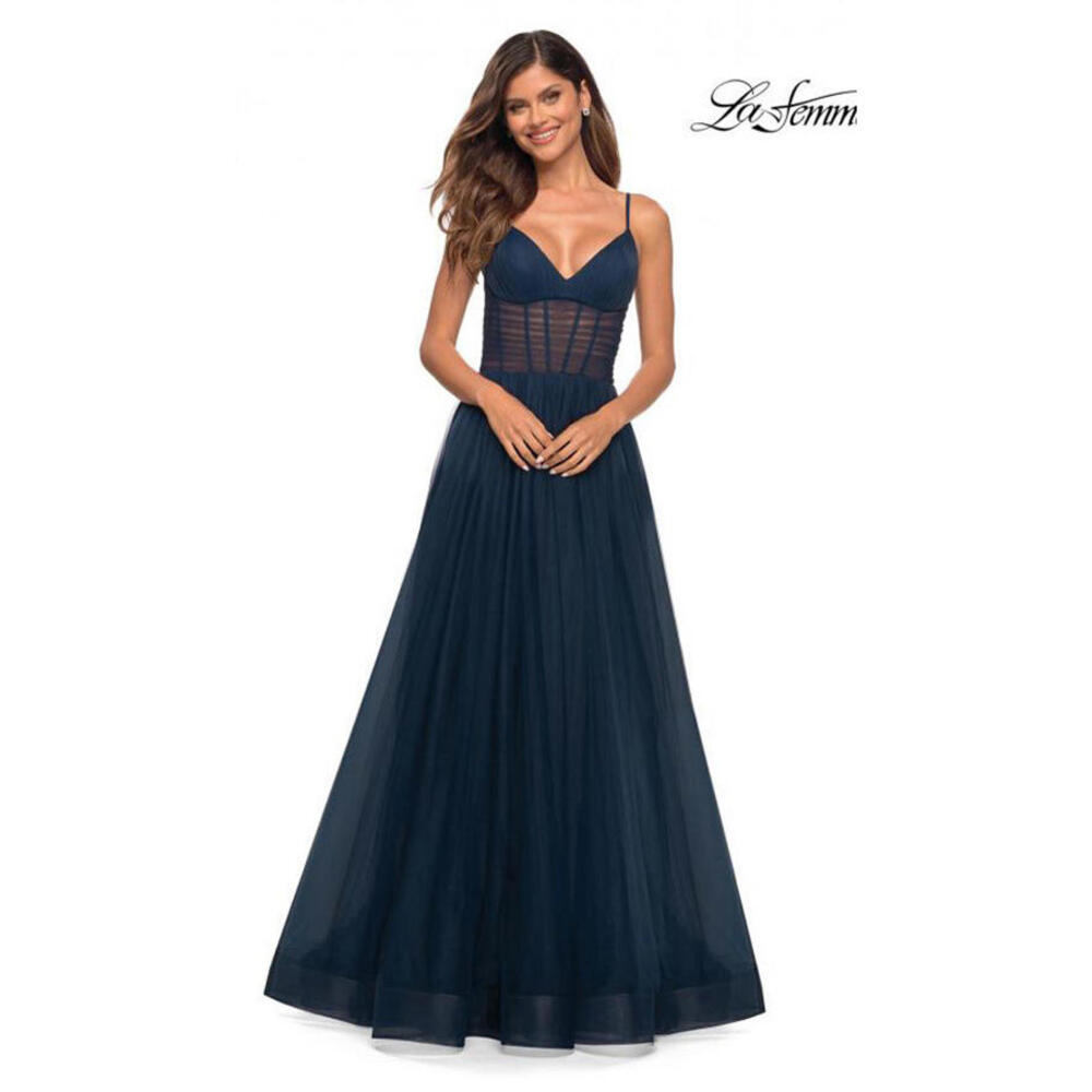 New LA FEMME ILLUSIONS A-LINE TULLE BALL GOWN In Midnight Size 4 $448 - Picture 2 of 9